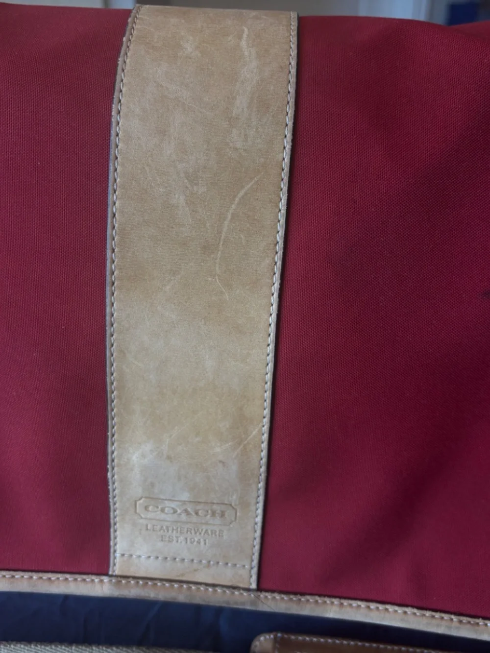 Coach Transatlantic Messenger and Commuter Bag- red canvas with tan leather
